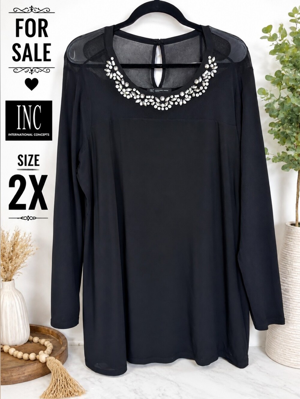 INC International Concepts Black Long-Sleeve Top with Jeweled Neckline